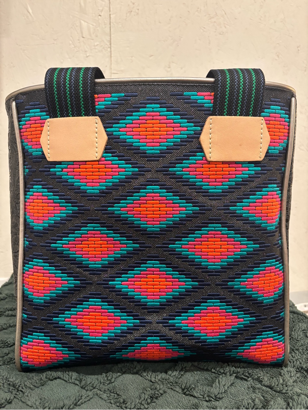 Consuela Woven Tote In Navy, Teal & Coral